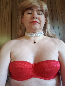 Sissy tits in a red bra
