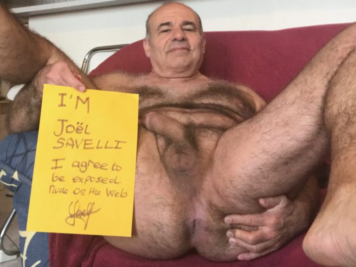 Joël Savelli exposed nude, exposure agreement, face,, balls and cock, asshole, named