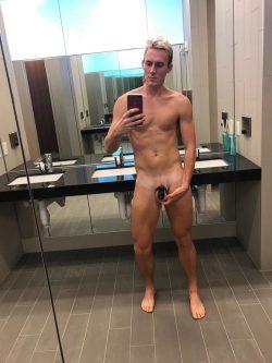 locked nudist in a public bathroom