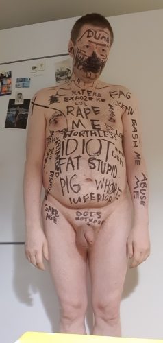 Worthless fag Ulf covered in degrading bodywriting