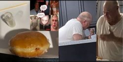 Fag secretly feeds dad cum filled donut!