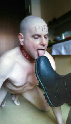 Faggot cleans alpha males dirty boot soles